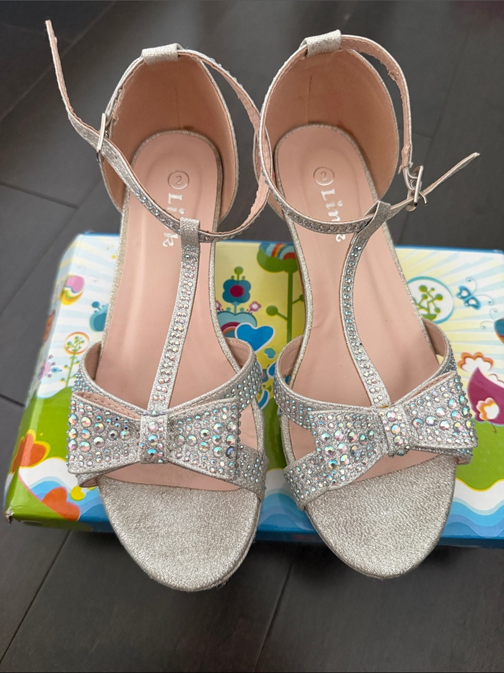 Link Silver T-Strap Bow Heels with Rhinestones